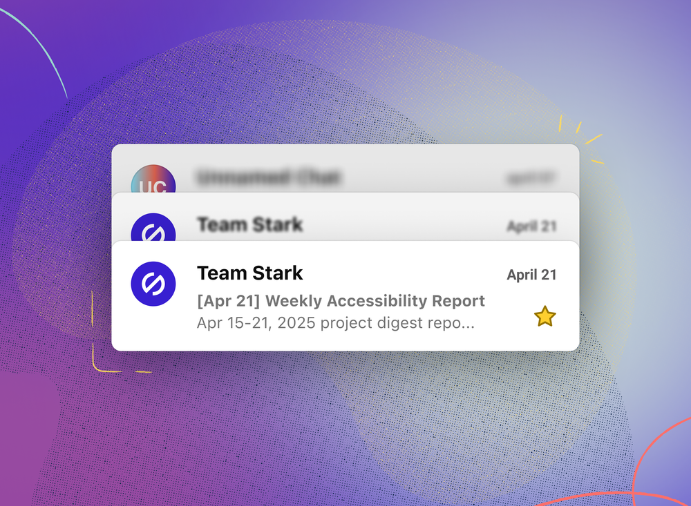 A preview of a weekly accessibility report email from Team Stark, showing the subject line '[Apr 21] Weekly Accessibility Report' with the date range 'Apr 15-21, 2025' in the email inbox view.