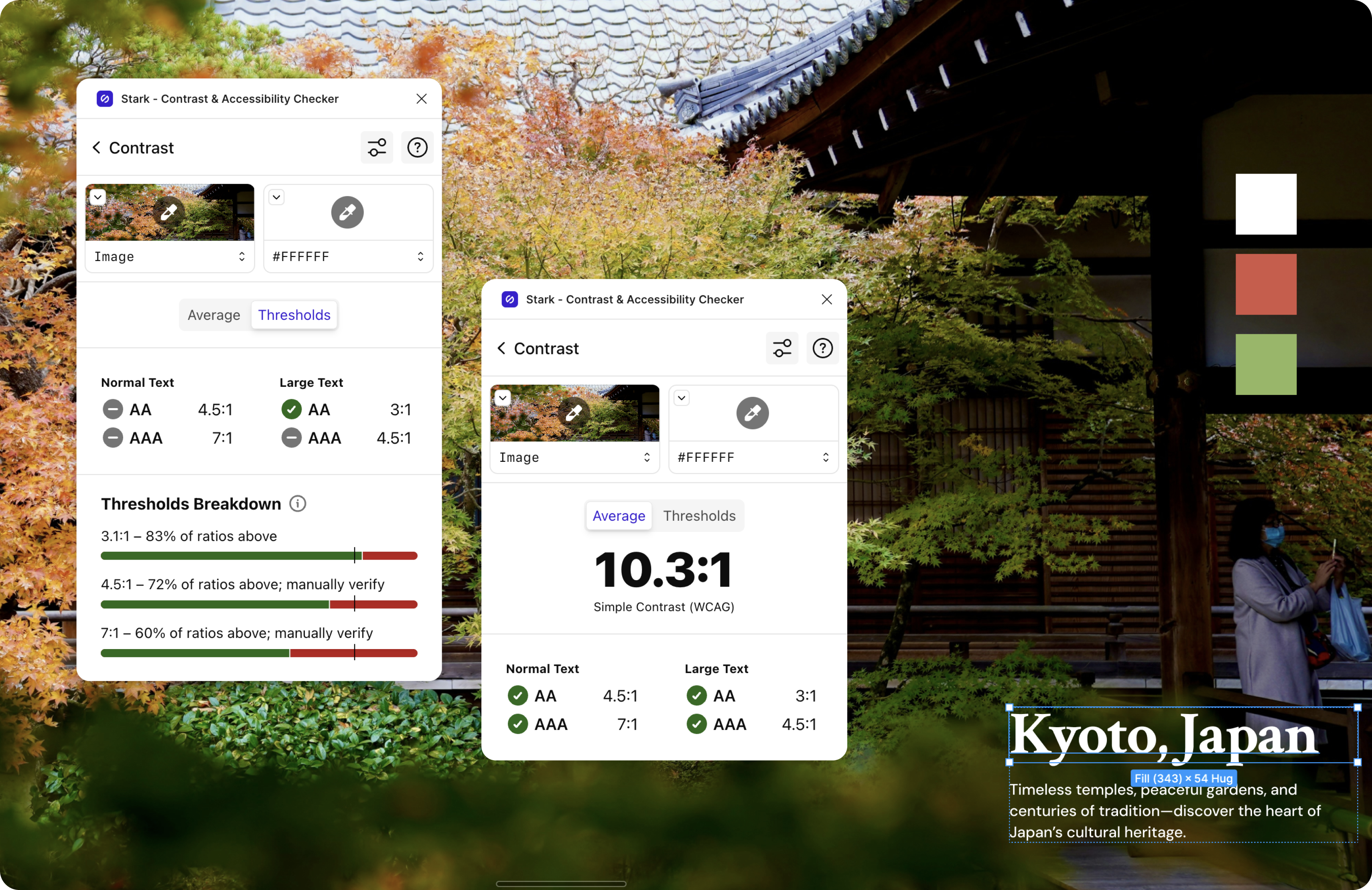 Stark’s Contrast Checker on a Kyoto travel site design. Two panels show contrast results using an image background with white text. The left panel highlights the Thresholds Breakdown, while the right shows a 10.3:1 WCAG-compliant contrast ratio.