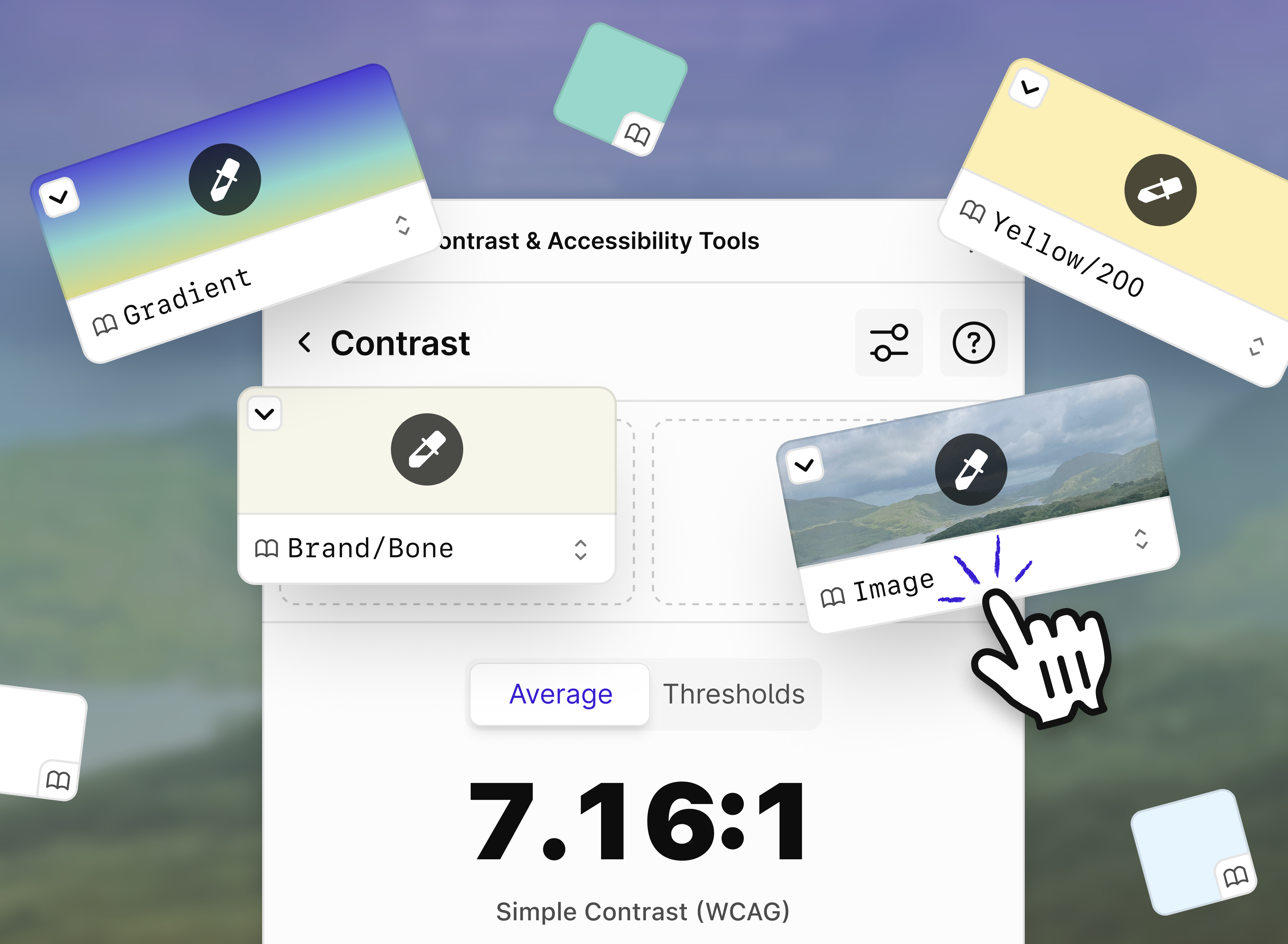 Interface of Stark’s updated Contrast Checker showing color selection options from gradients, brand library colors, and image backgrounds. A hand cursor clicks the “Image” swatch, with various visual tiles floating around to represent available options.