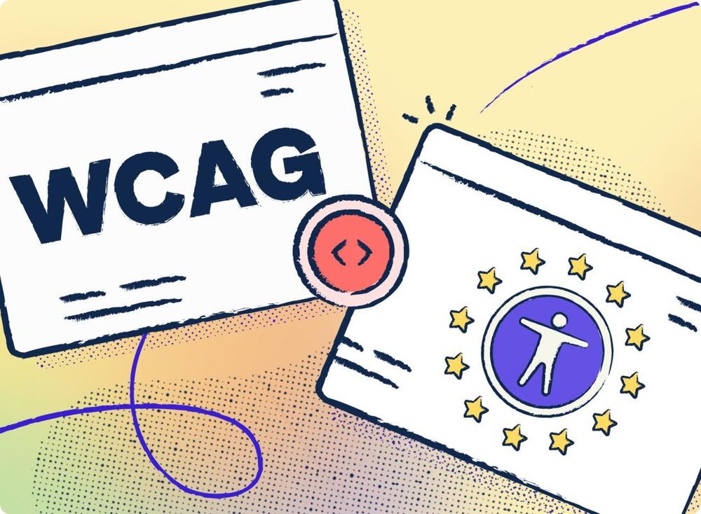 Illustration showing WCAG on one panel and the EU accessibility symbol on another, connected by a code icon in the center.