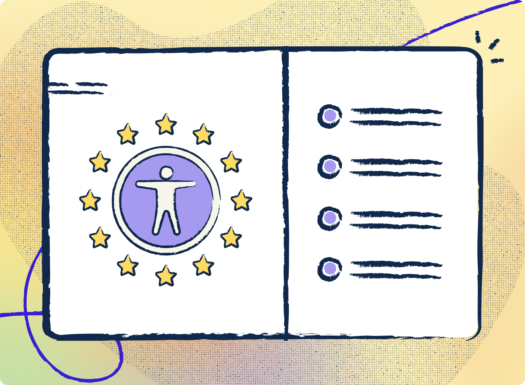 Digital document with EU accessibility symbol on the left and a four-point bullet list on the right, styled with soft gradients and hand-drawn textures.