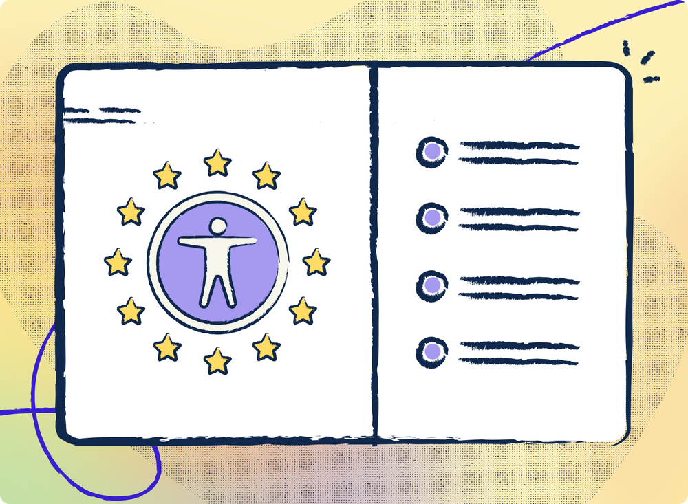 Digital document with EU accessibility symbol on the left and a four-point bullet list on the right, styled with soft gradients and hand-drawn textures.