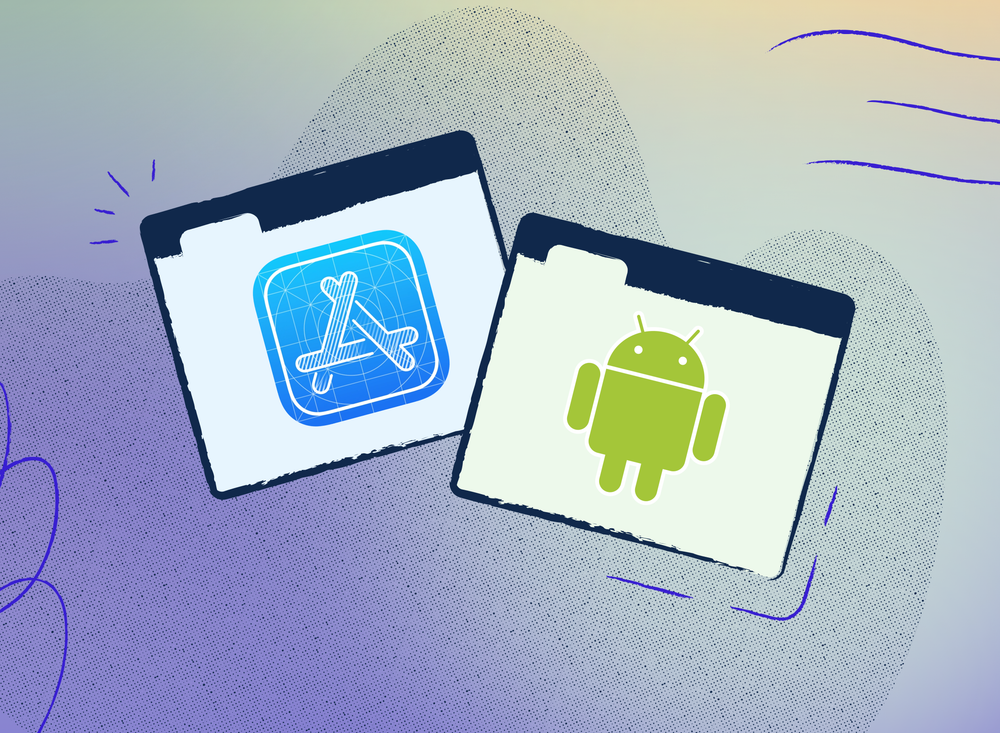 Two digital folders side by side—one with the iOS App Store icon and one with the Android logo—symbolizing Stark’s new ability to add iOS and Android apps as project assets for accessibility monitoring.