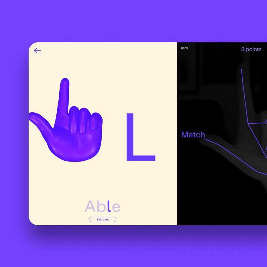 The fingerspelling.xyz website showing a hand in the center of the screen and text asking the user to spell the letter L