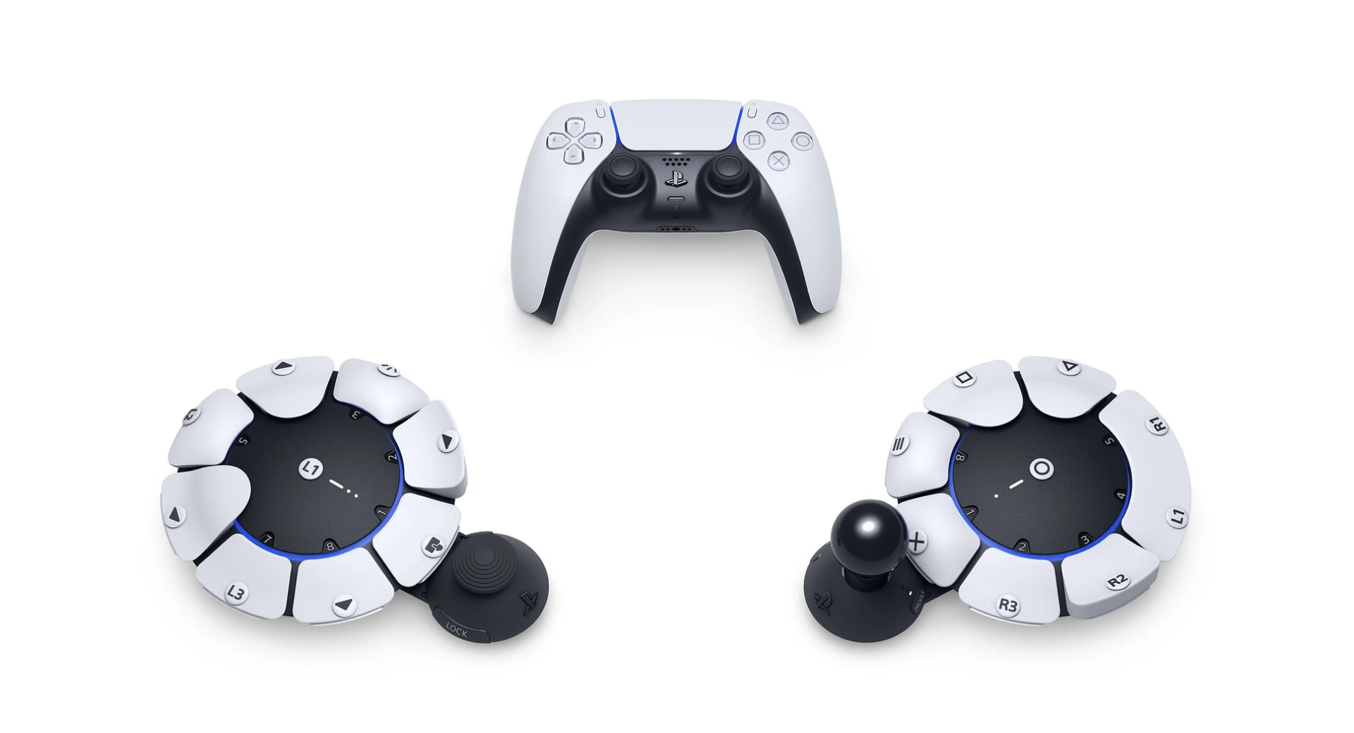 A Sony Dualsense controller with two Sony Access Controllers below it