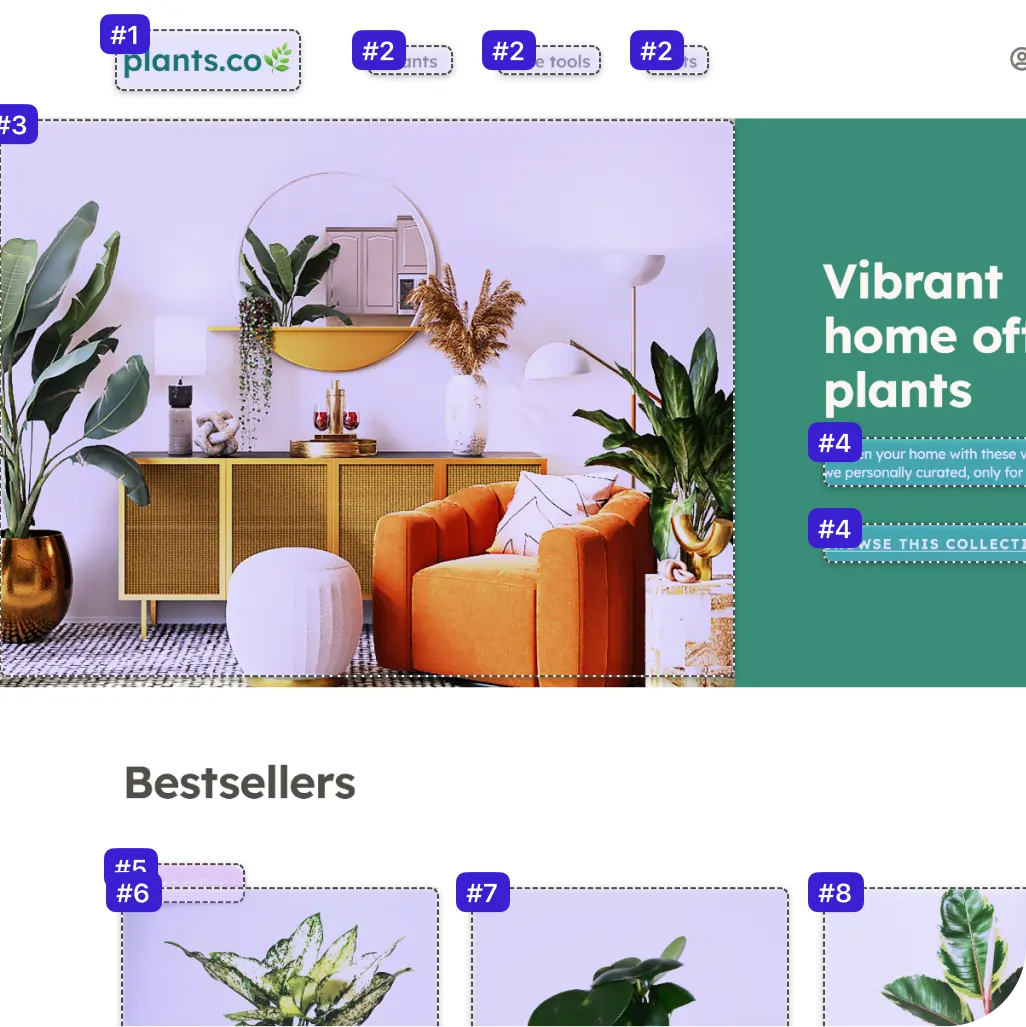 A website about plants that is overlayed with Stark annotations showing Accessibility issues to address.