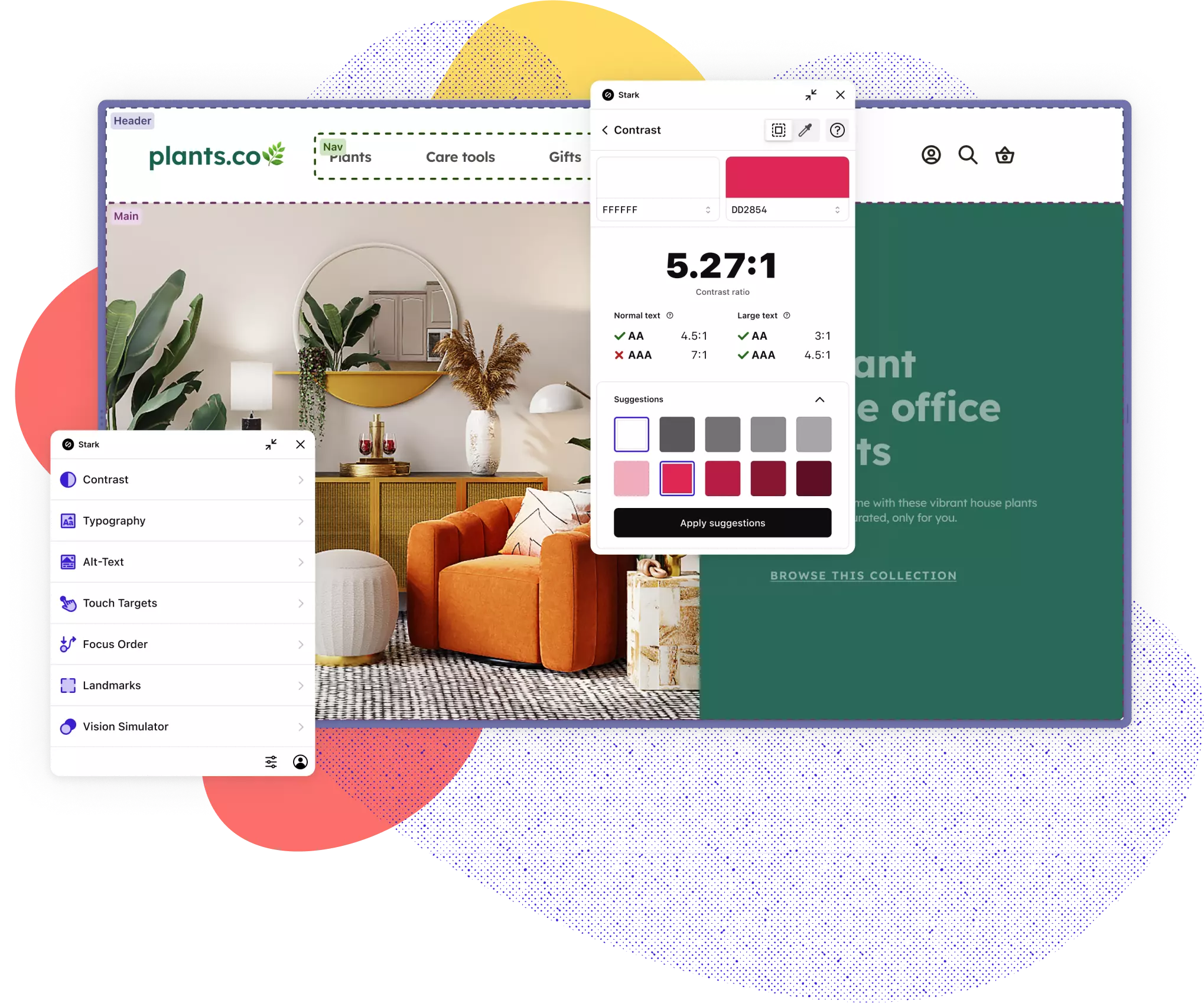 Stark for Arc shown with the main menu and contrast features popping out. The Contrast feature shows a red and white color pairining not passing AAA standards with 2 rows of suggested colors to remedy. The main menu shows the full suite of Stark tools including Contrast, Typography, Vision Simulator, Focus Order, Landmarks, and Touch Targets.