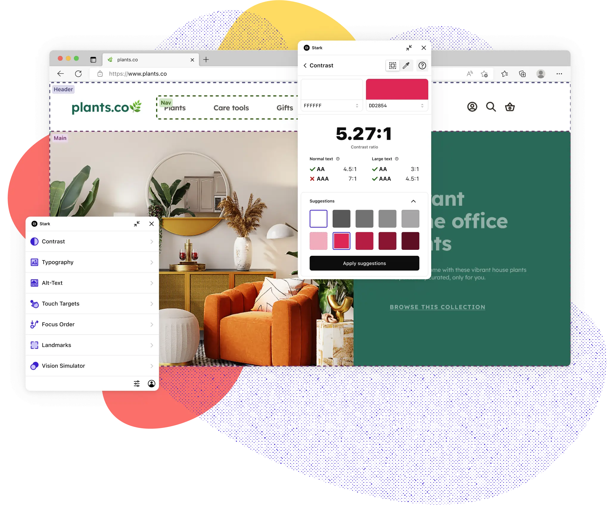 Stark for Edge shown with the main menu and contrast features popping out. The Contrast feature shows a red and white color pairining not passing AAA standards with 2 rows of suggested colors to remedy. The main menu shows the full suite of Stark tools including Contrast, Typography, Vision Simulator, Focus Order, Landmarks, and Touch Targets.