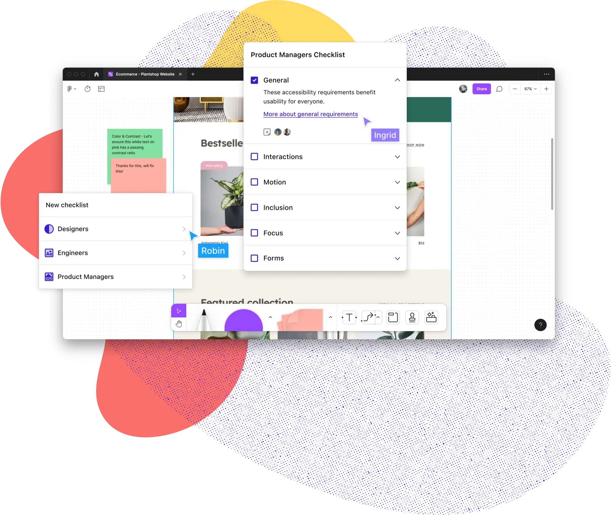 Stark for FigJam shown with the discipline UI showing Designers, Engineers, and Product Managers. To the right, a popup shows the Product Managers checklist with the General category selected and expanded. All of this sits on top of a FigJam file open to a plants website.