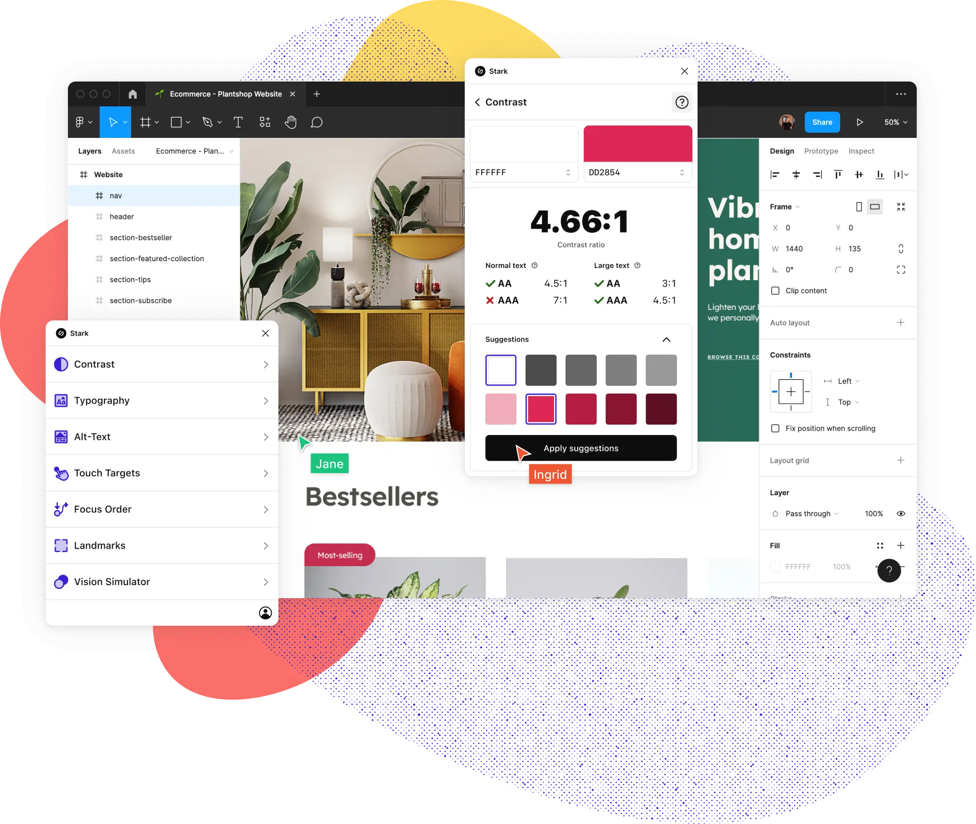 Stark for Figma shown with the main menu and contrast features popping out. The Contrast feature shows a red and white color pairining not passing AAA standards with 2 rows of suggested colors to remedy. The main menu shows the full suite of Stark tools including Contrast, Typography, Vision Simulator, Focus Order, Landmarks, and Touch Targets.