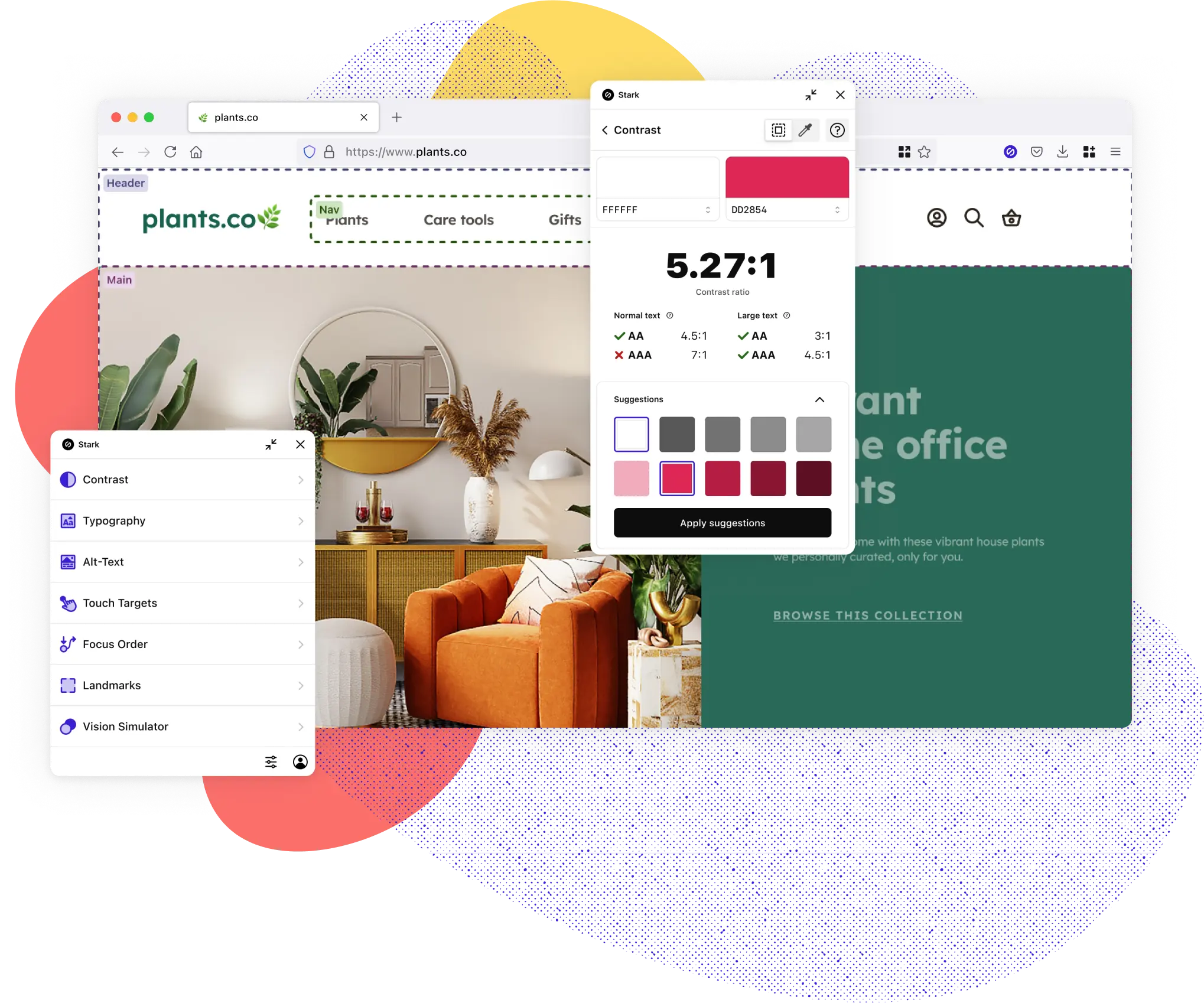 Stark for Firefox shown with the main menu and contrast features popping out. The Contrast feature shows a red and white color pairining not passing AAA standards with 2 rows of suggested colors to remedy. The main menu shows the full suite of Stark tools including Contrast, Typography, Vision Simulator, Focus Order, Landmarks, and Touch Targets.