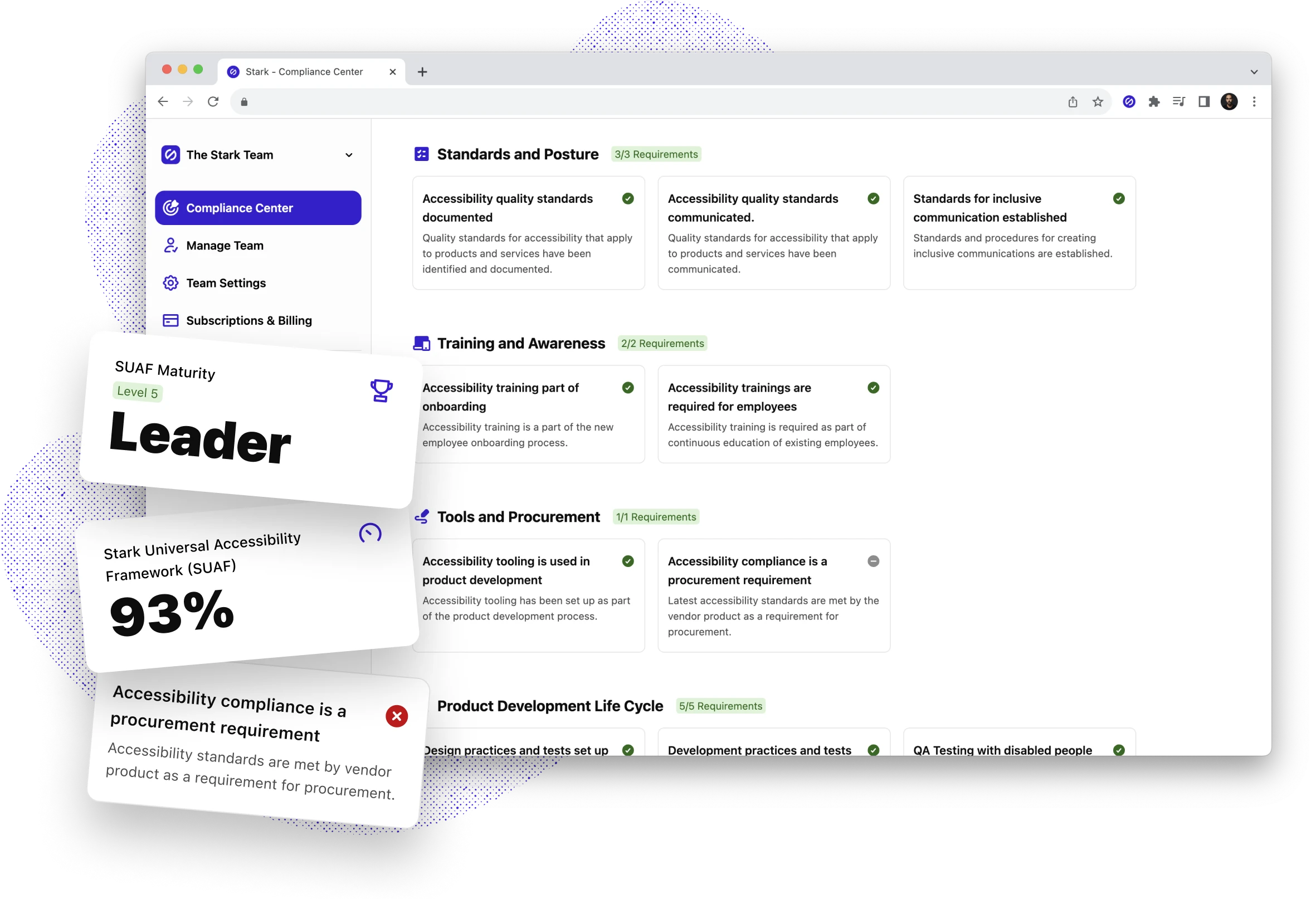 Stark for Sketch shown with the main menu and contrast features popping out. The Contrast feature shows a red and white color pairining not passing AAA standards with 2 rows of suggested colors to remedy. The main menu shows the full suite of Stark tools including Contrast, Typography, Vision Simulator, Focus Order, Landmarks, and Touch Targets.