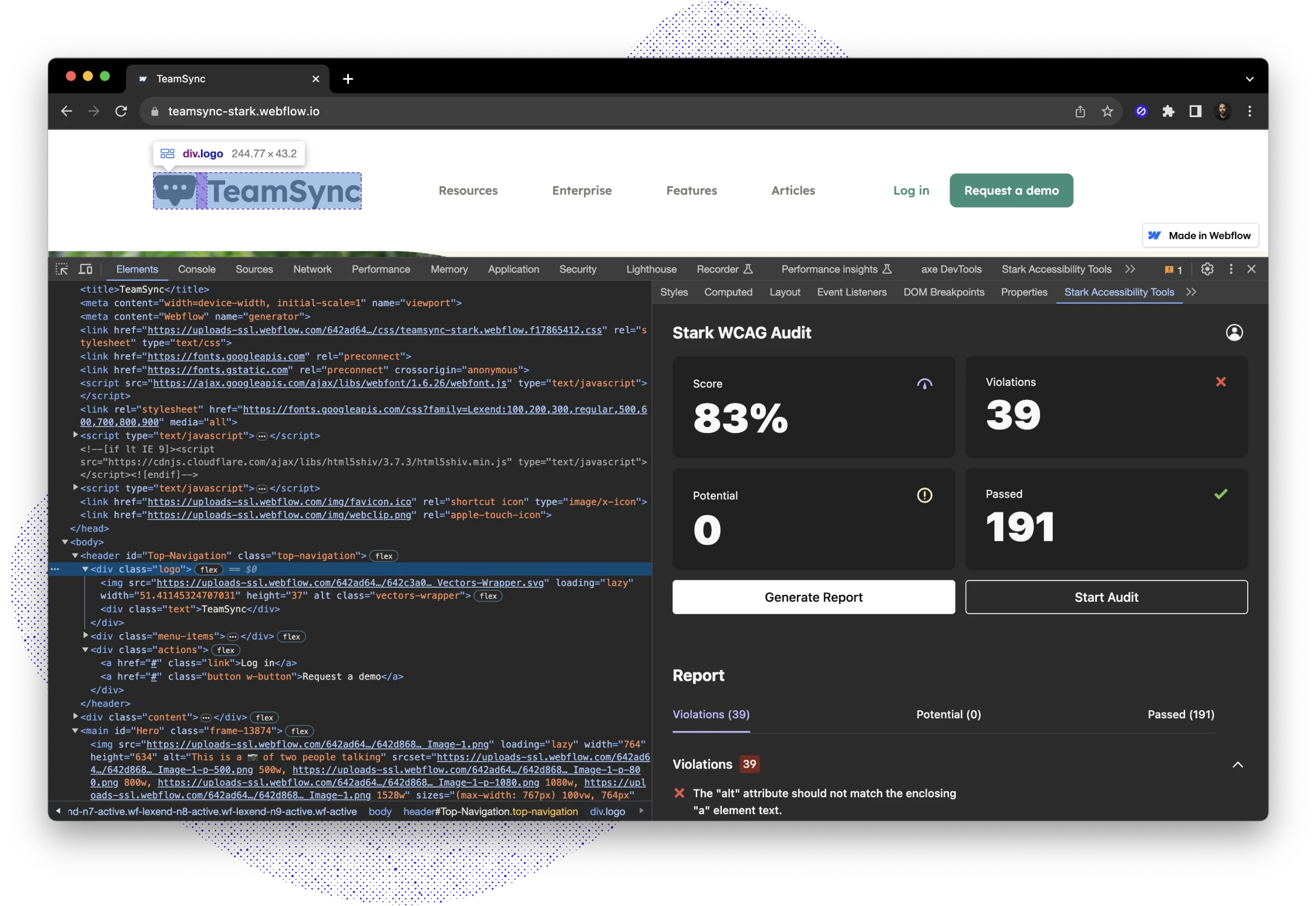 Stark's WCAG Audit for a webpage showing a score and numerous issues to fix.