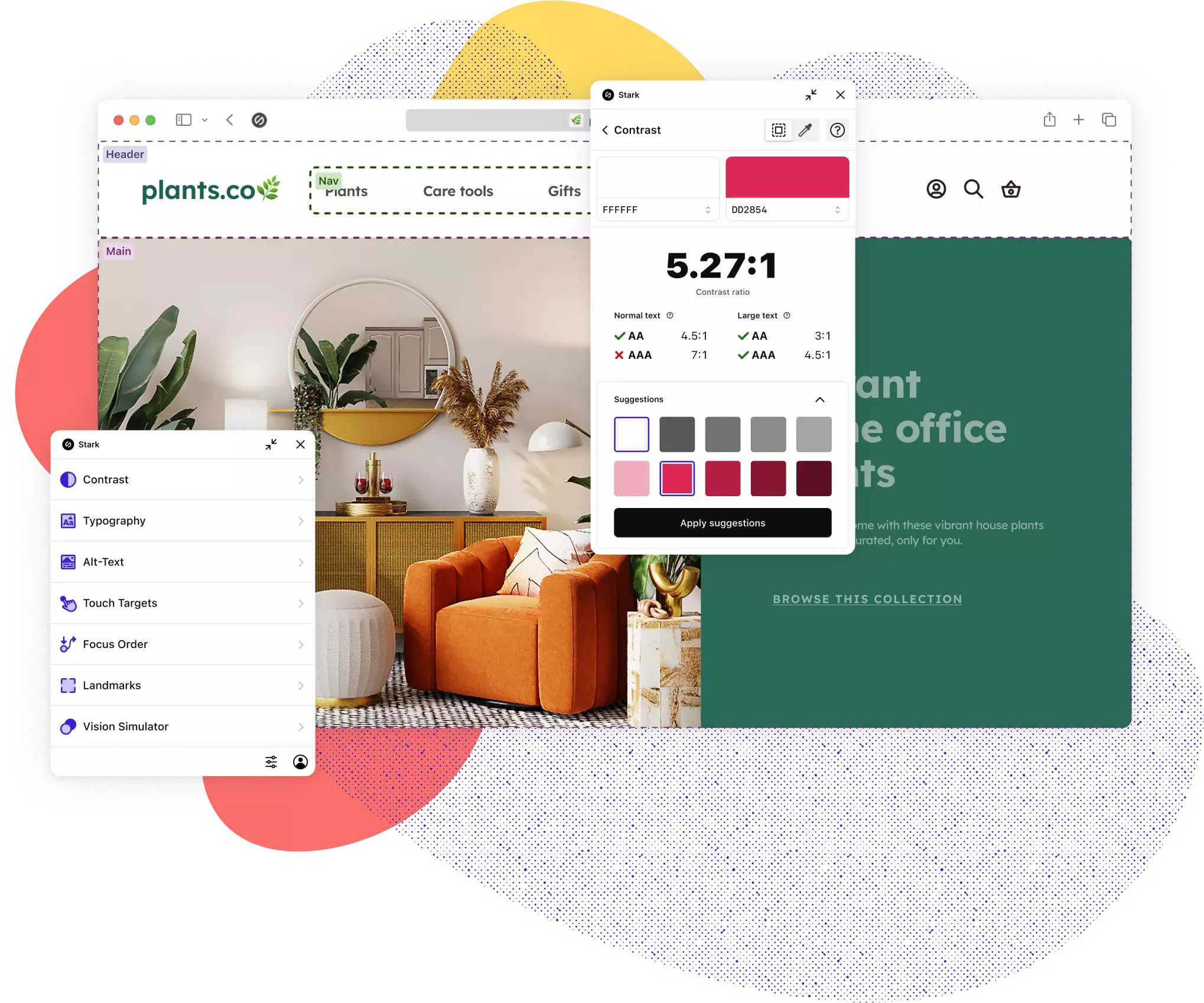 Stark for Safari shown with the main menu and contrast features popping out. The Contrast feature shows a red and white color pairining not passing AAA standards with 2 rows of suggested colors to remedy. The main menu shows the full suite of Stark tools including Contrast, Typography, Vision Simulator, Focus Order, Landmarks, and Touch Targets.