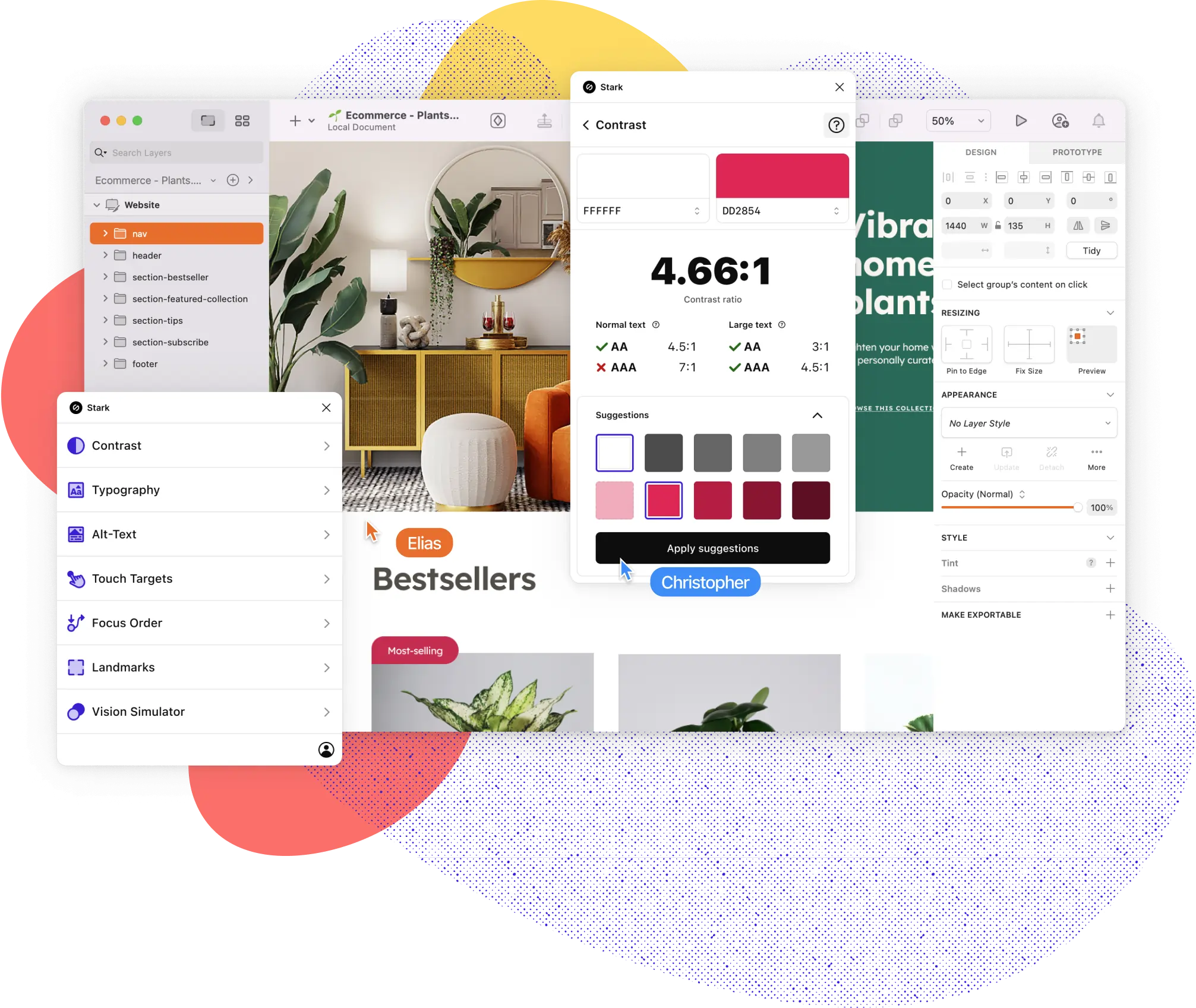 Stark for Sketch shown with the main menu and contrast features popping out. The Contrast feature shows a red and white color pairining not passing AAA standards with 2 rows of suggested colors to remedy. The main menu shows the full suite of Stark tools including Contrast, Typography, Vision Simulator, Focus Order, Landmarks, and Touch Targets.