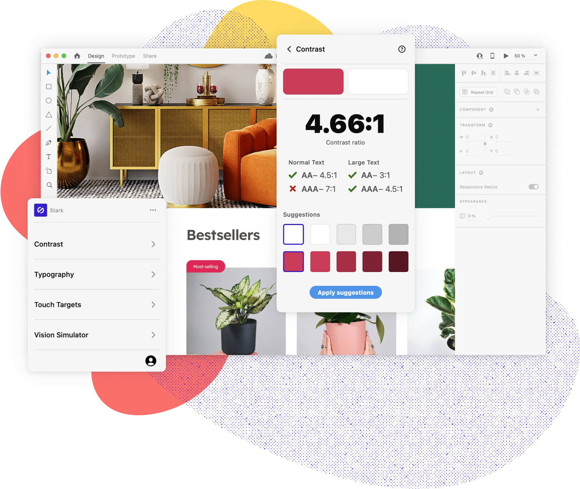 Stark for Adobe XD shown with the main menu and contrast features popping out. The Contrast feature shows a red and white color pairining not passing AAA standards with 2 rows of suggested colors to remedy. The main menu shows the full suite of Stark tools including Contrast, Typography, Vision Simulator, and Touch Targets.