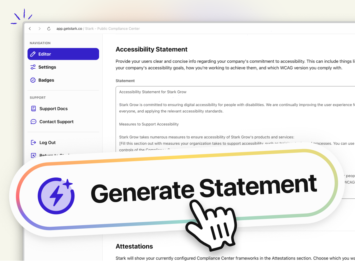 Interface of Stark’s Compliance Center showing the Accessibility Statement editor, with a highlighted “Generate Statement” button being clicked to create a new accessibility statement automatically.