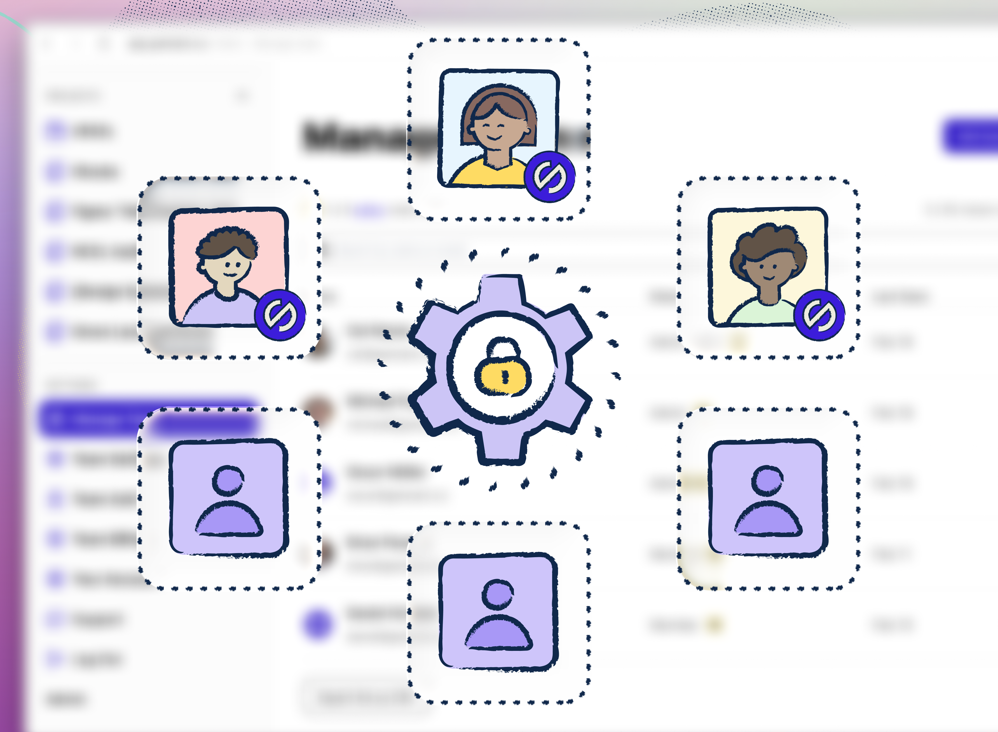 Illustration of a central gear with a lock icon in the middle, surrounded by user profile tiles. Some profiles show a sync symbol badge, representing automated user provisioning and access control.