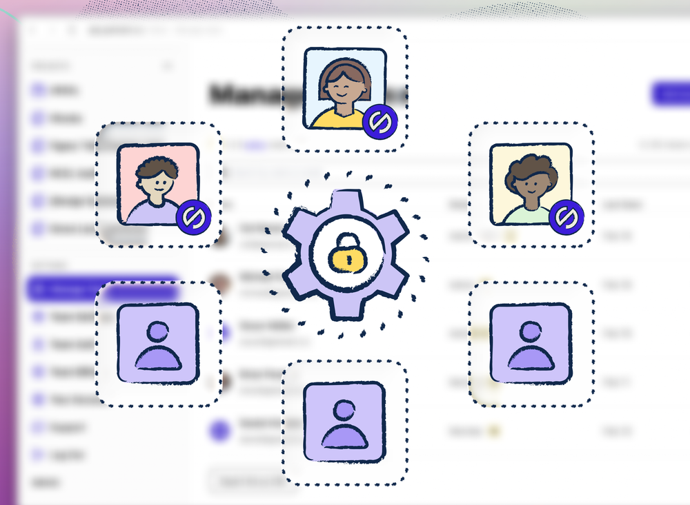 Illustration of a central gear with a lock icon in the middle, surrounded by user profile tiles. Some profiles show a sync symbol badge, representing automated user provisioning and access control.