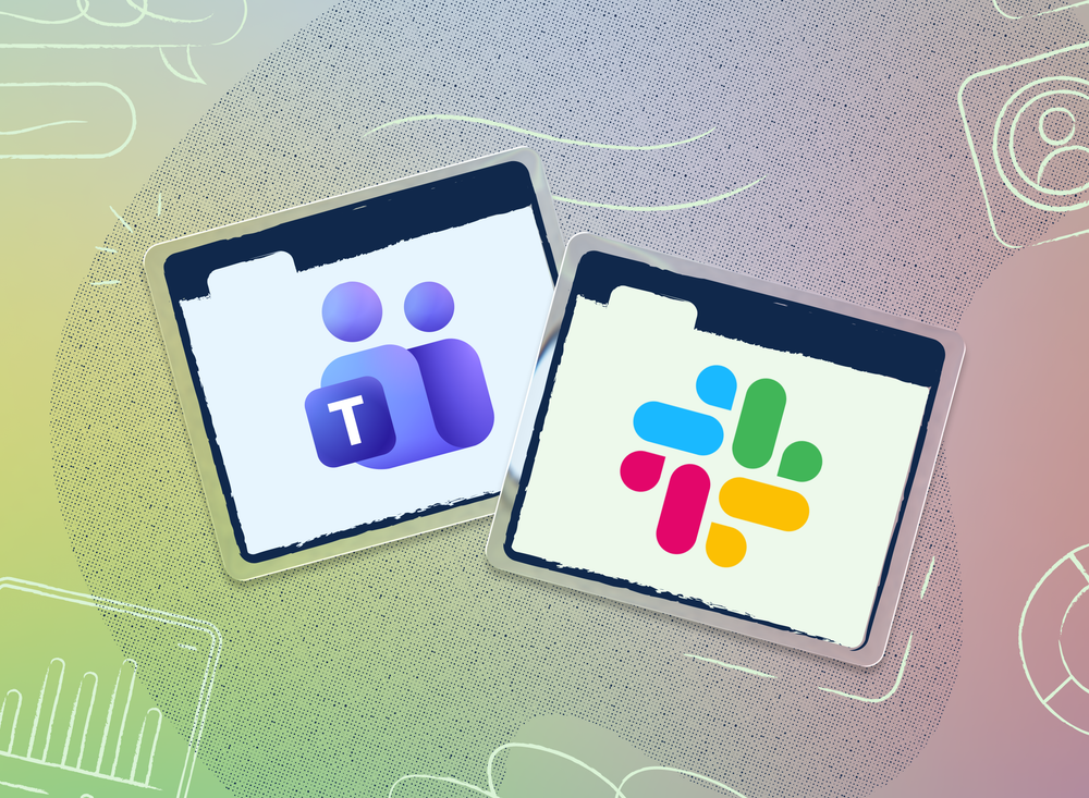 Microsoft Teams and Slack app icons for Stark, set against a colorful gradient background with hand-drawn style illustrations of chat bubbles, reports, and user profile icons.