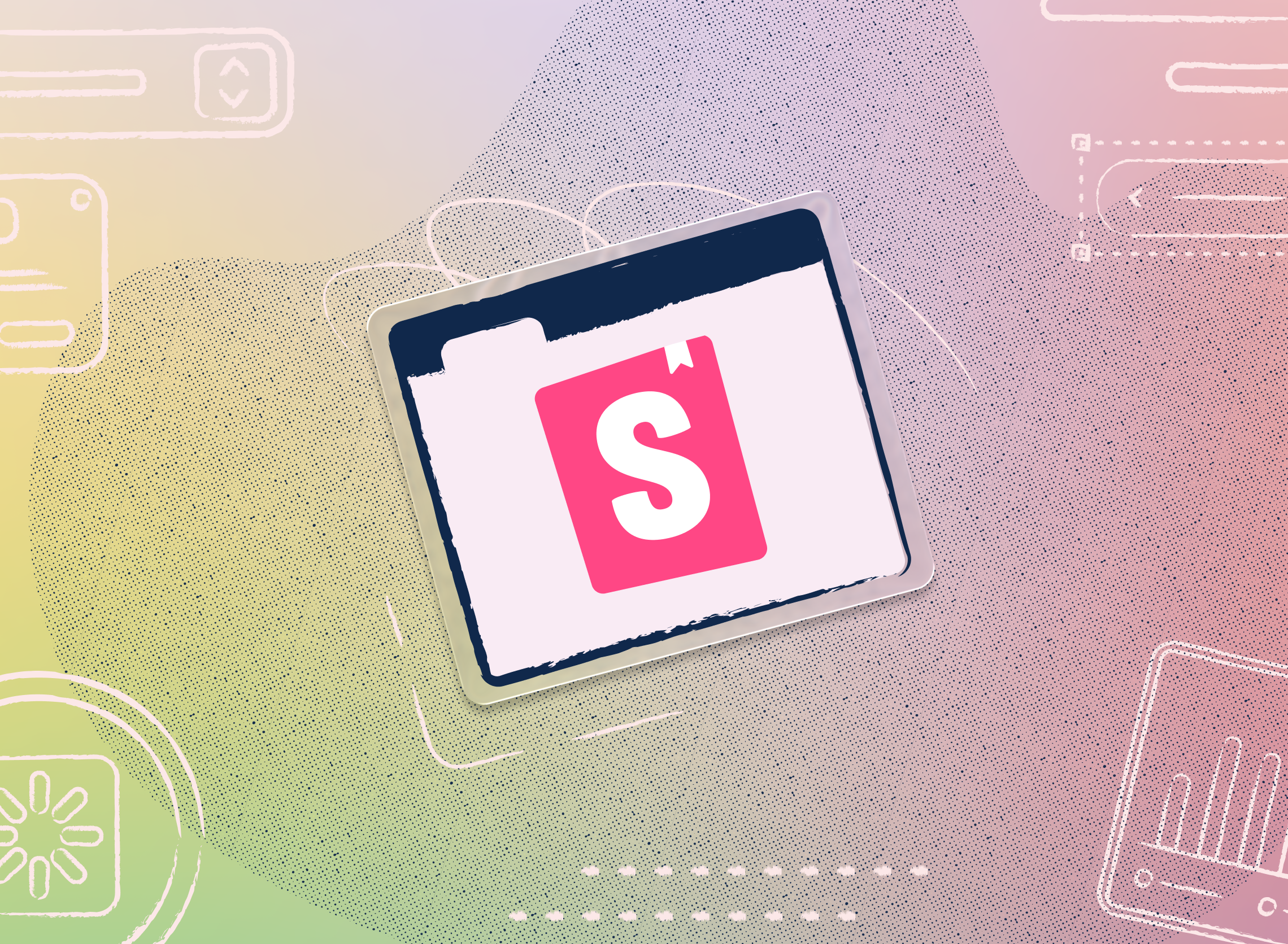 The Storybook app icon displayed on an illustrated tablet against a soft pink-green gradient background, with hand-drawn illustrations of UI components and a bar chart.