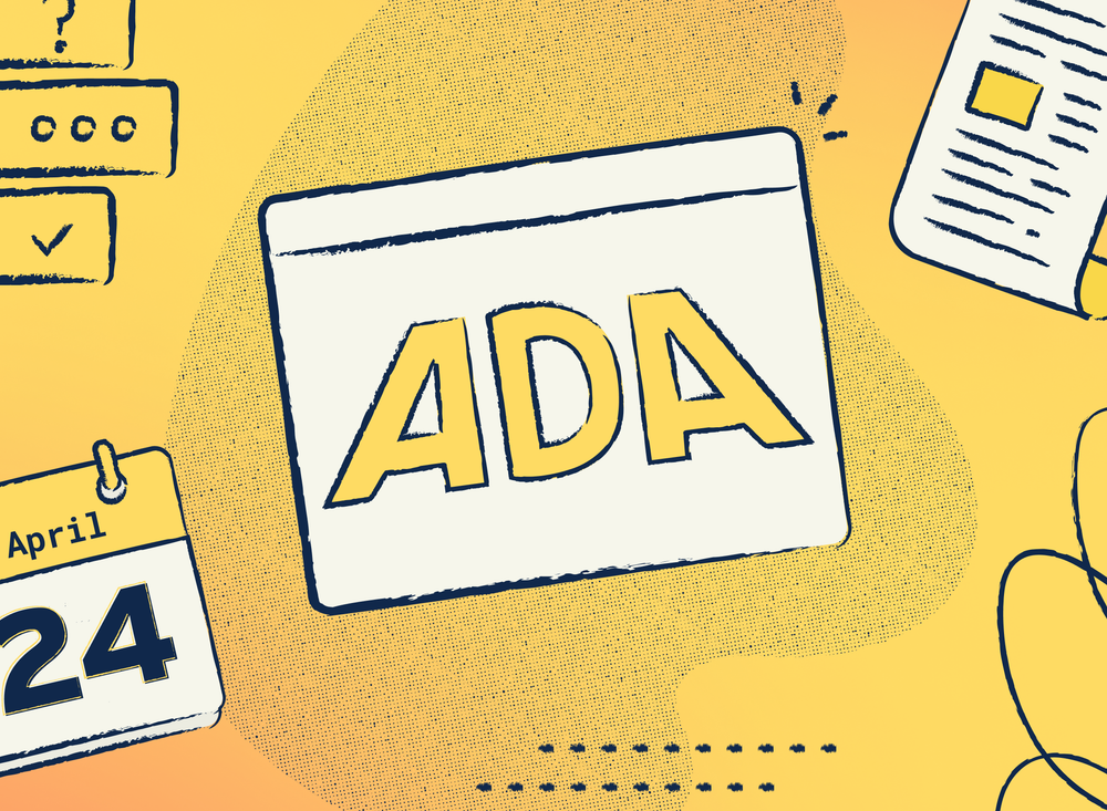 A browser window displaying "ADA" in bold yellow letters, surrounded by hand-drawn illustrations of a calendar showing April 24, UI components, and a document, all on a yellow gradient background.
