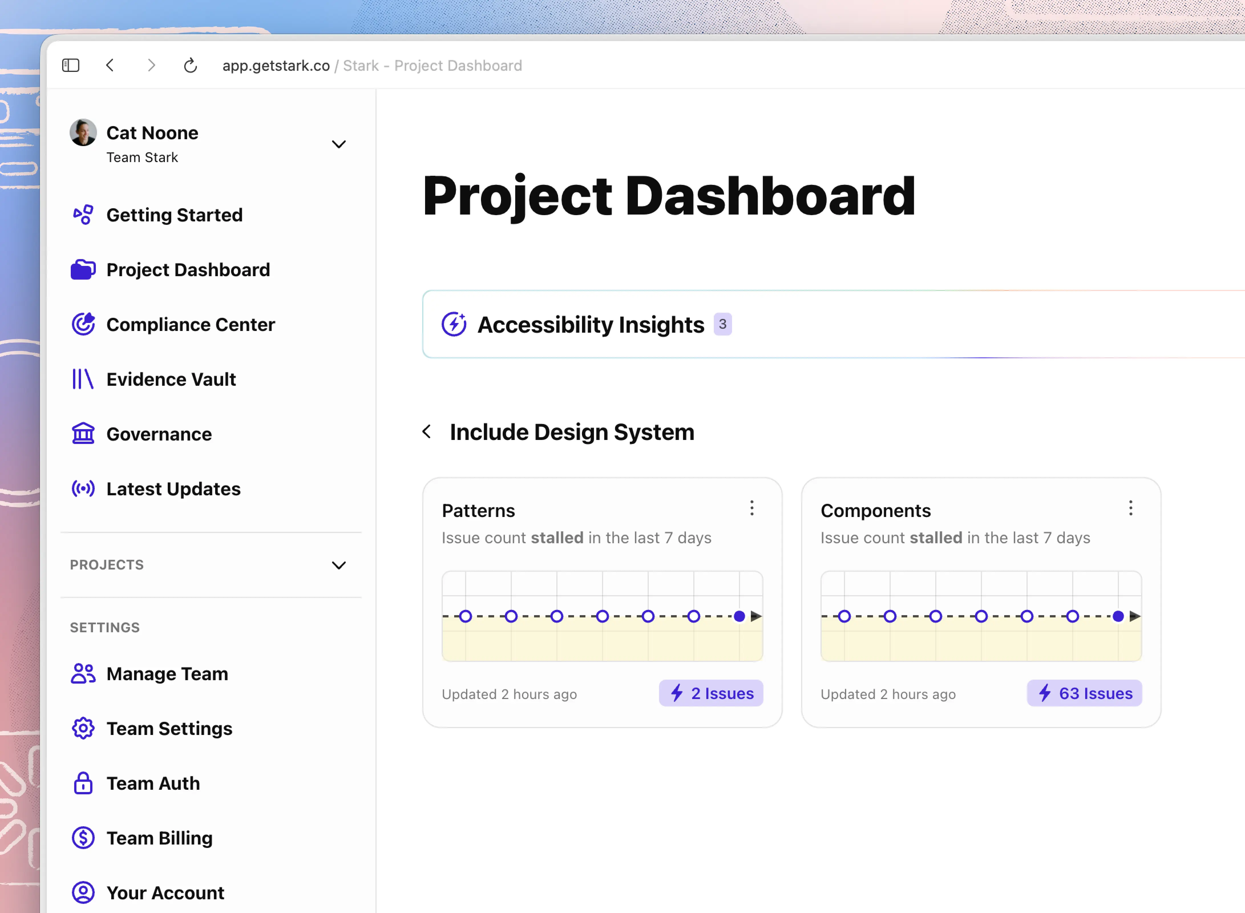 Stark's Project Dashboard showing a Storybook design system asset with Patterns and Components groups, issue trend lines, and scan history.