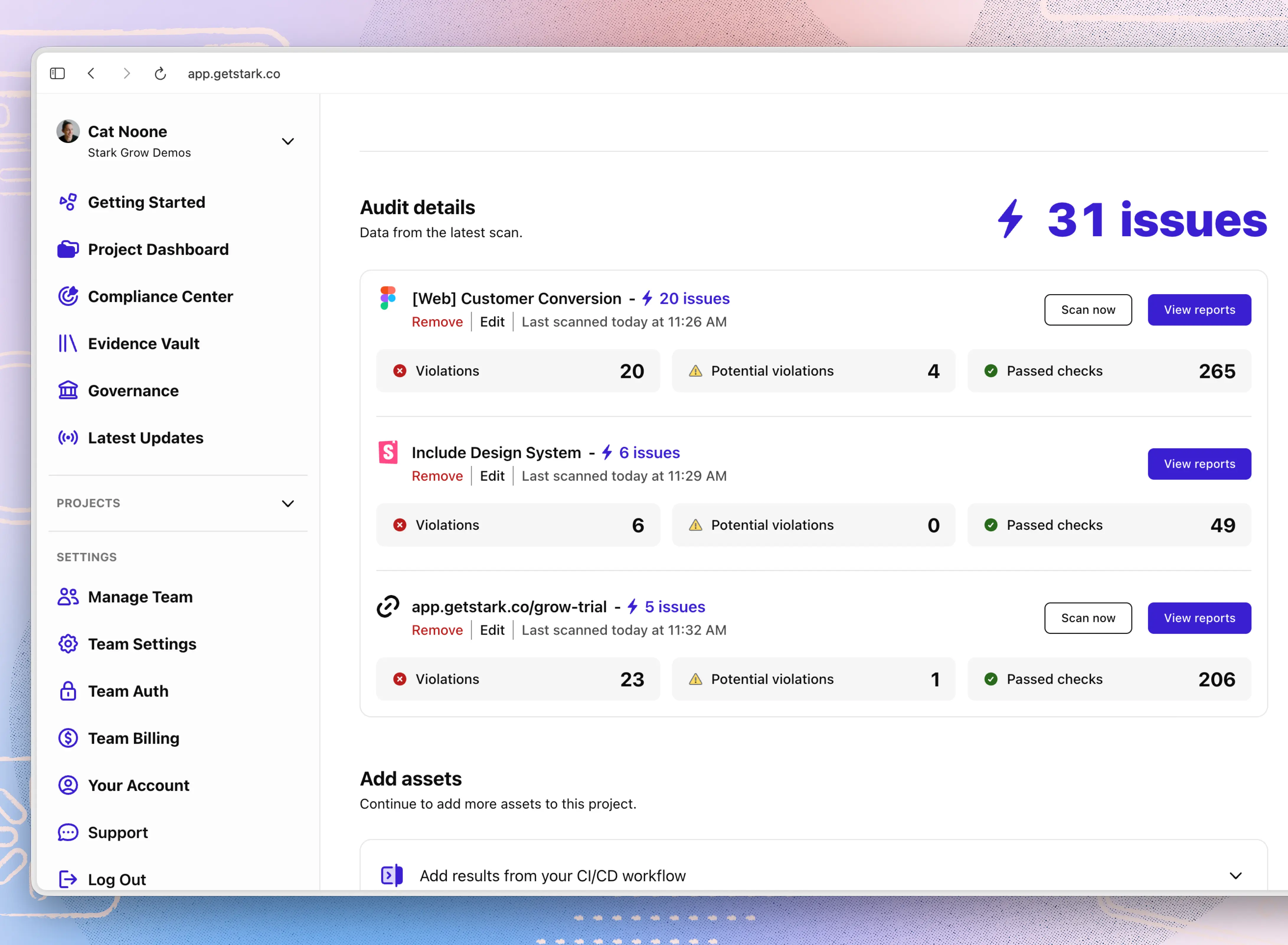 Stark's Audit details view showing three scanned assets with issue counts, potential violations, and passed checks for each.