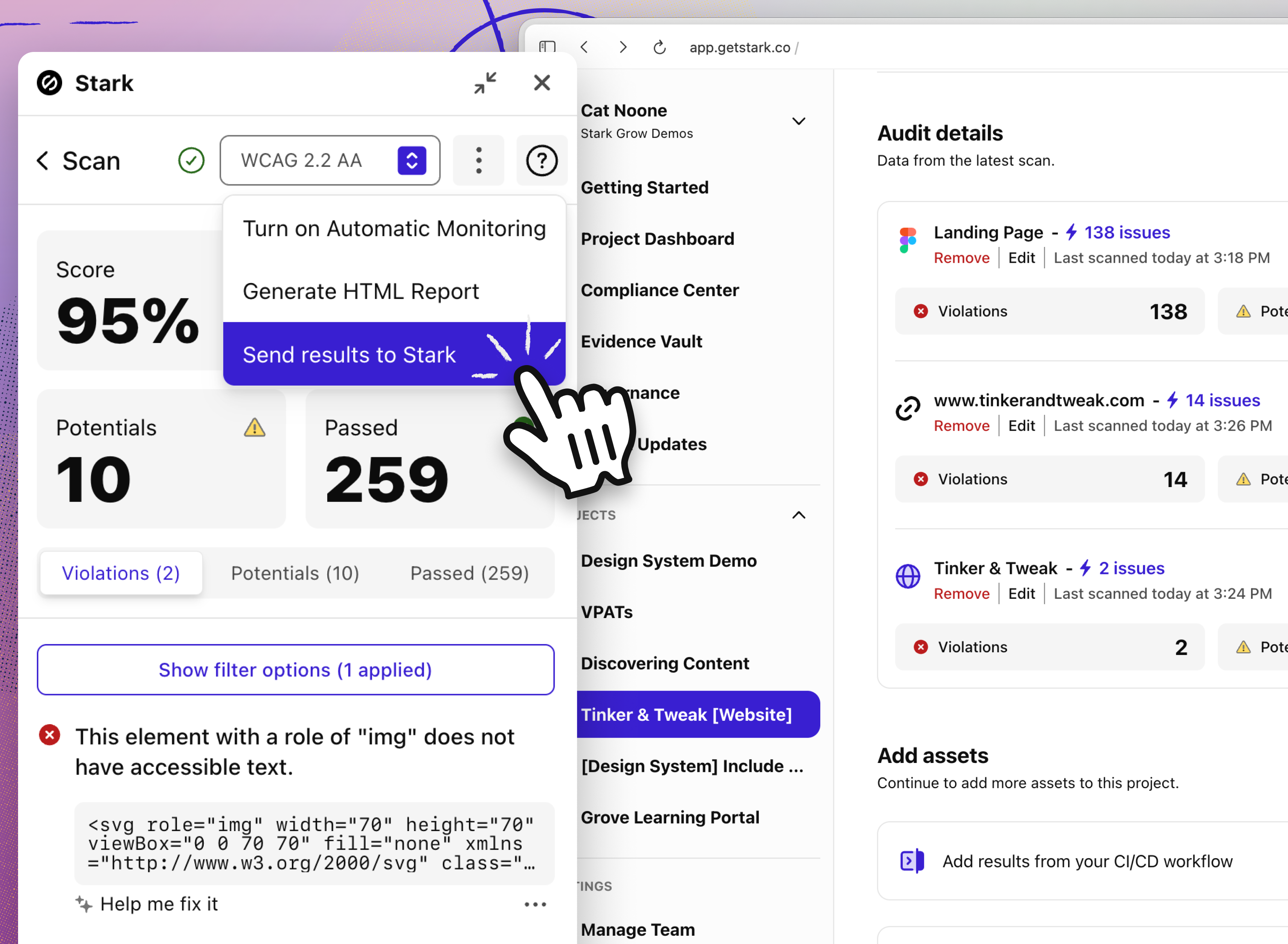 Stark's browser extension showing ability to send snapshot results to Stark for a history log, with the Stark dashboard open in the background displaying audit details in a project.