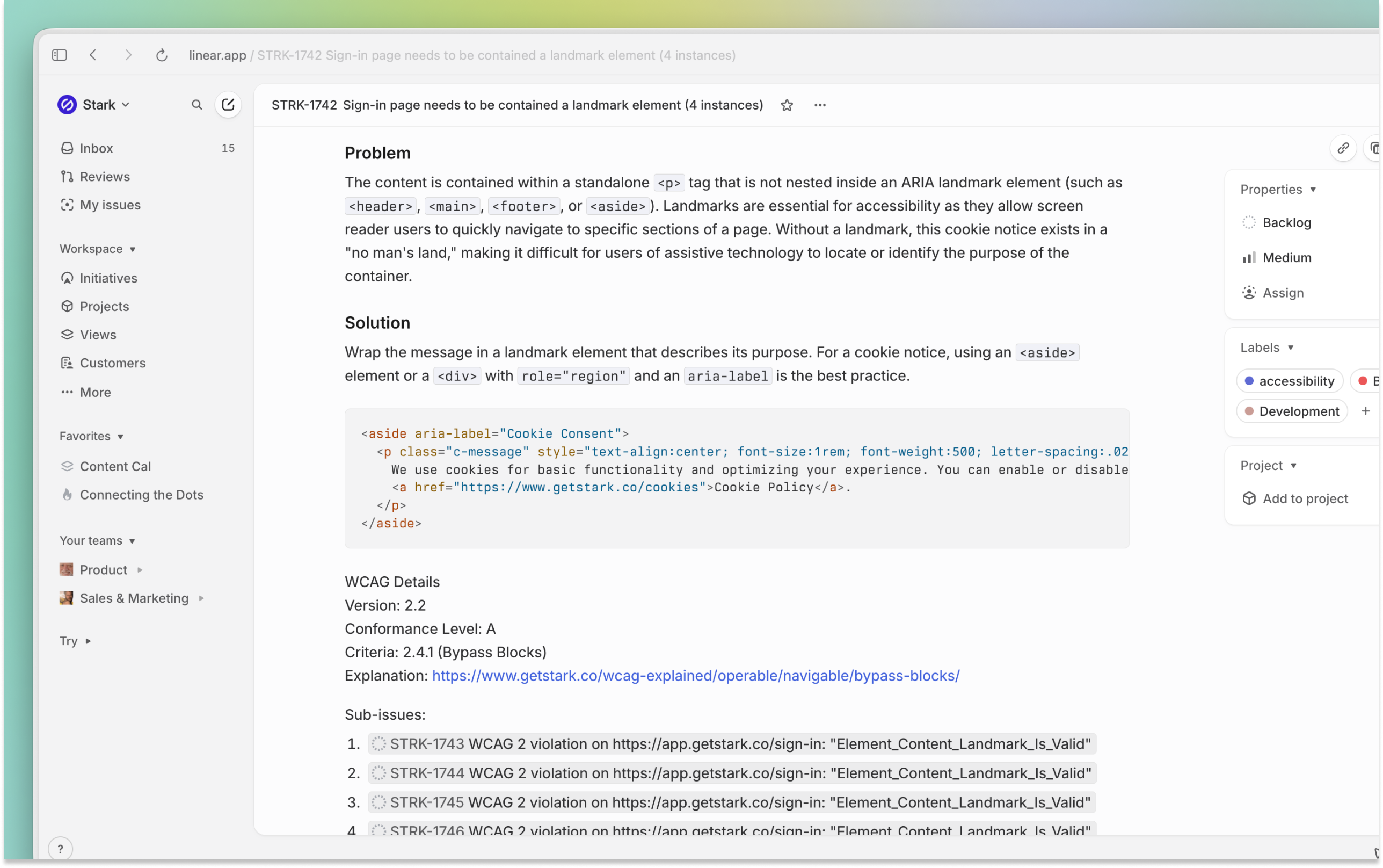 Linear ticket created via Stark showing accessibility problem description, code fix, WCAG citation, labels, and 4 sub-issues related.