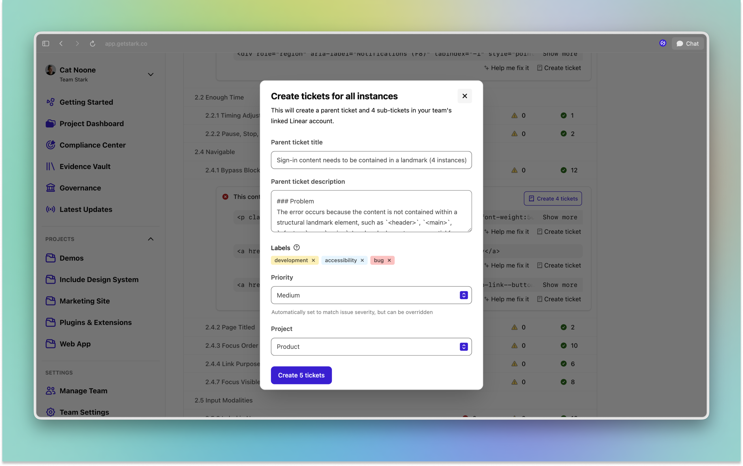 Dialog in Stark showing create ticket process with name, description, and auto applied tags