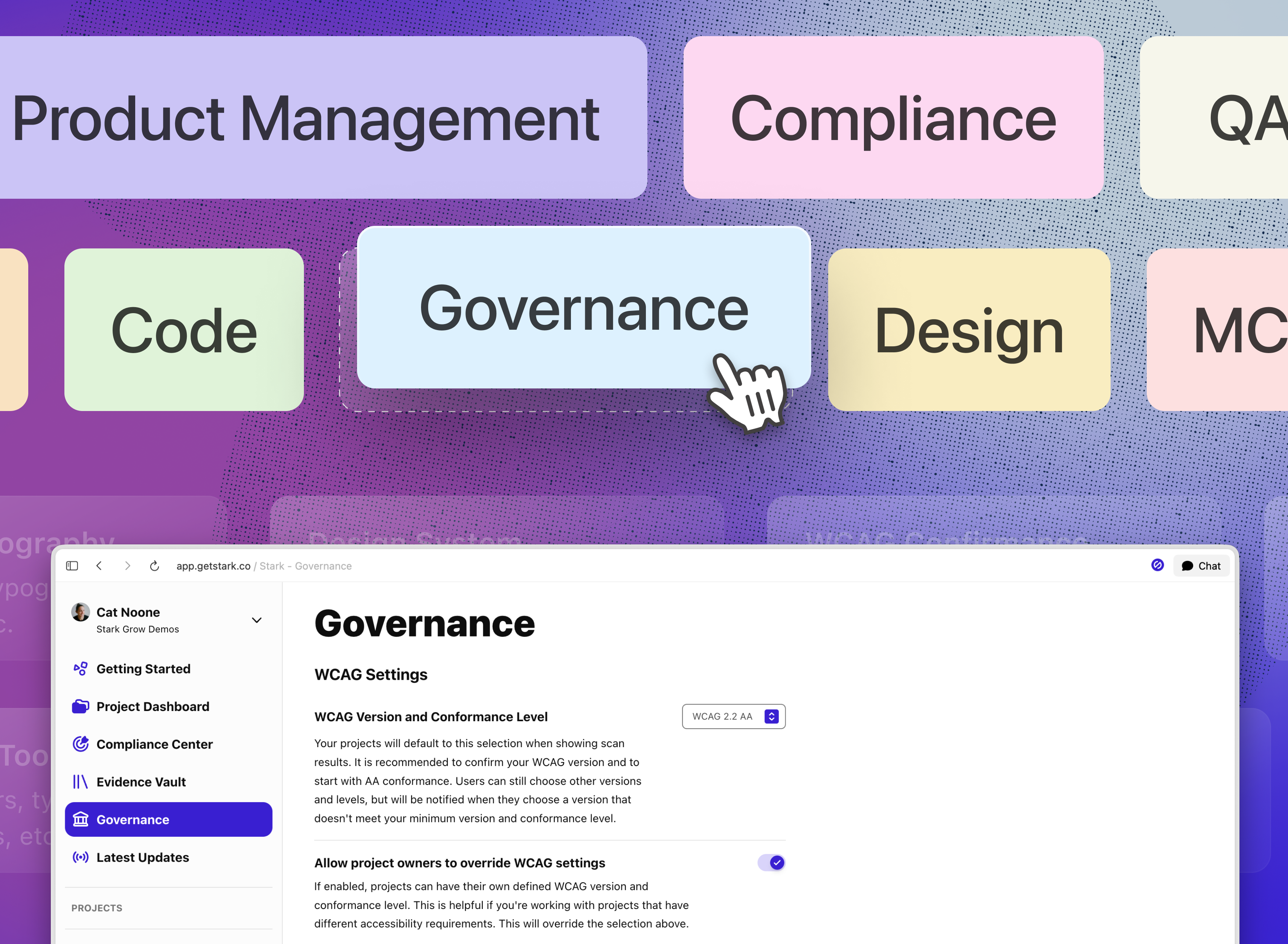 Stark's Governance tab open in the app dashboard, with a visual showing accessibility program roles available in Stark — Product Management, Compliance, QA, Code, Design, and MCP — each as a labeled card, with Governance being clicked in center.
