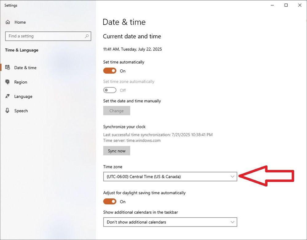 Windows 10 Date & Time setting