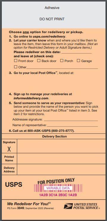 PS 3849 Redelivery Notice - Back