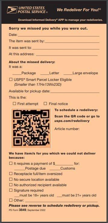 PS 3849 Redelivery Notice - Front