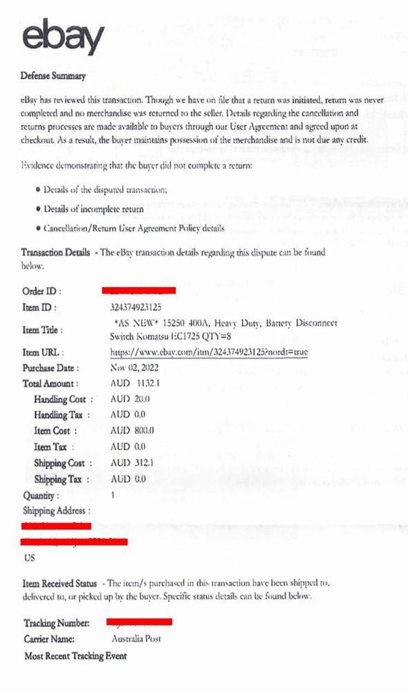 evidence ebay sent to financial institution
