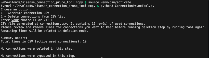 Using the Tool, sourcing the Virtual Environment, generating the Connection CSV