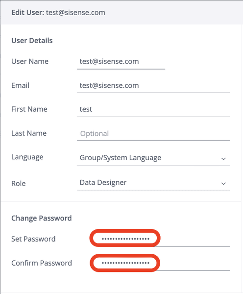 Form interface for editing user details, including email, language, and role. Password fields are highlighted, suggesting a change. Professional tone.