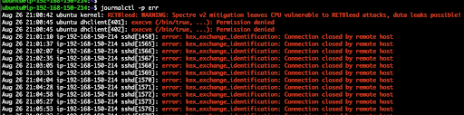 Terminal screen showing system log errors in white and red text. Warnings include CPU vulnerabilities and multiple connection closures by hosts.
