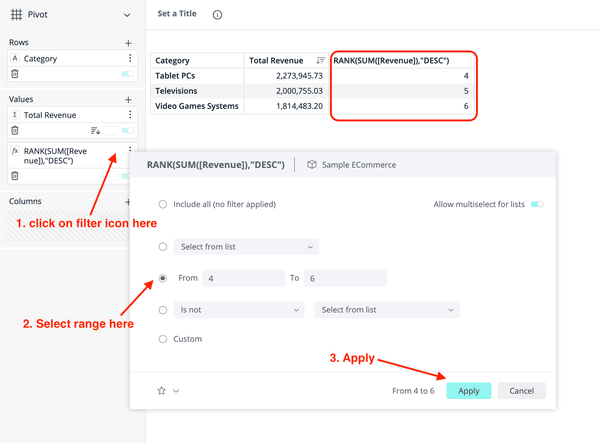 A data filter window with steps to apply a rank filter on a pivot table. Instructions in red arrows guide clicking, selecting range, and applying filter.