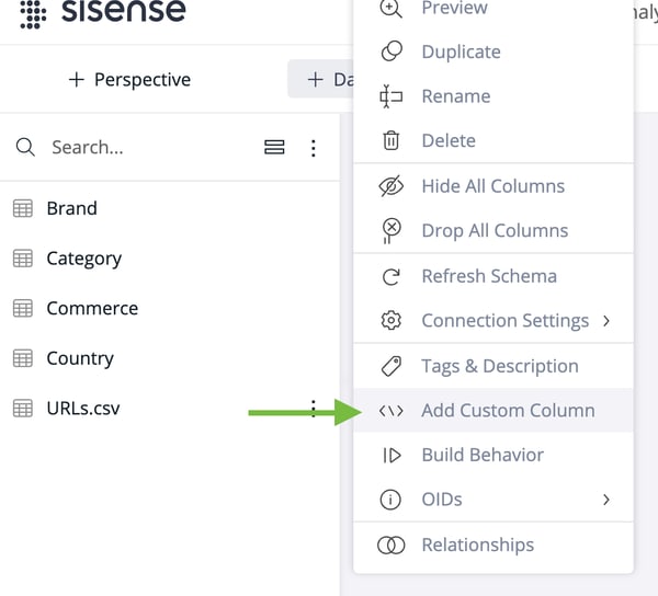 Screenshot of the Sisense interface showing a dropdown menu. "Add Custom Column" is highlighted with a green arrow pointing from "URLs.csv".