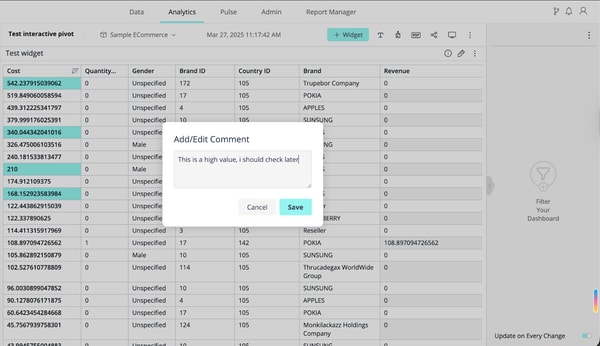 Spreadsheet screenshot with data on costs, quantities, brands, and revenue. A pop-up comment box reads,