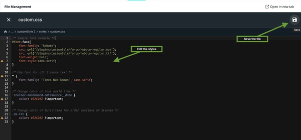 A code editor displays custom.css with CSS code for fonts. Green arrows labeled "Edit the styles" and "Save the file" point to text and save icons.