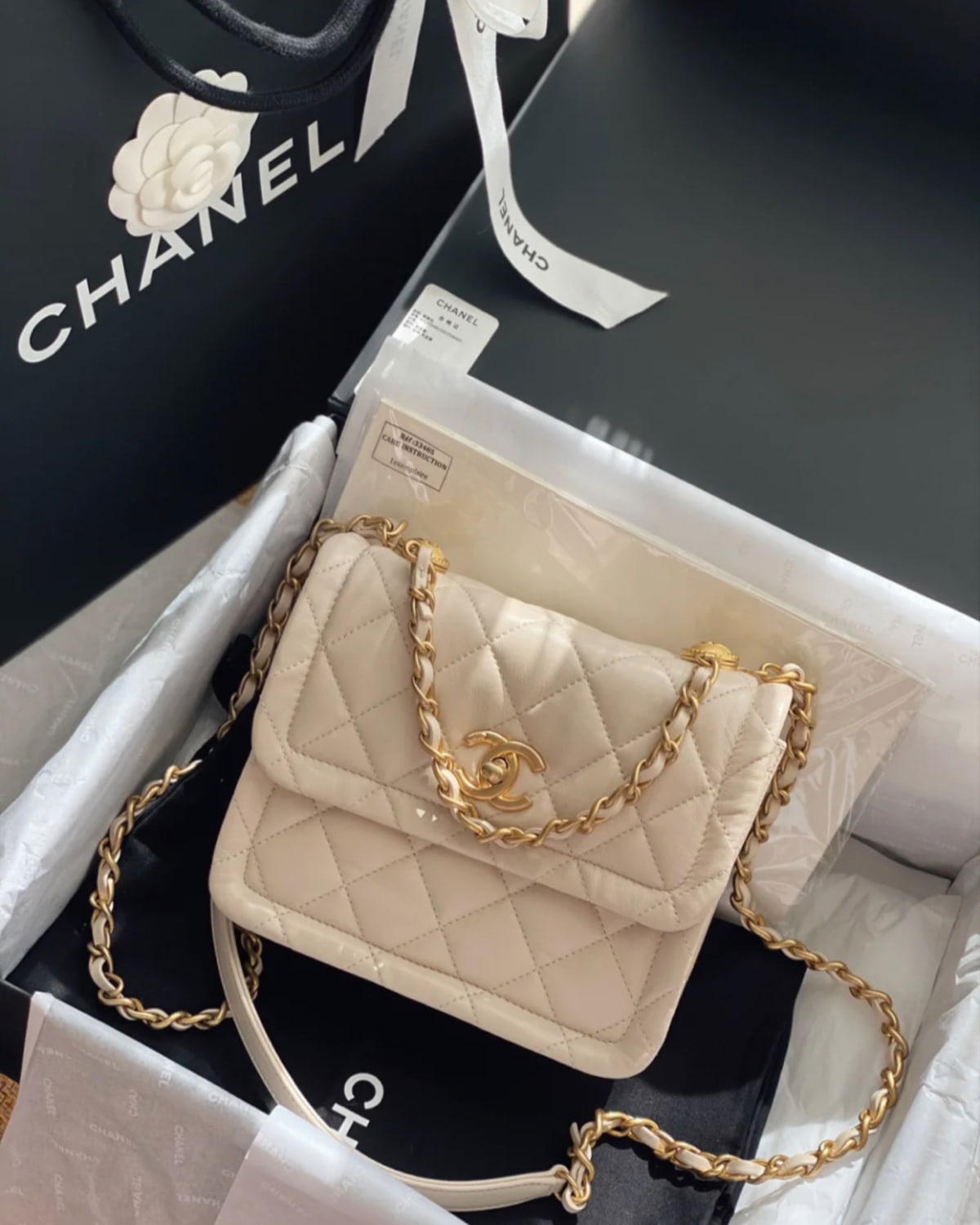 Chanel Button Top Flap Bag In White