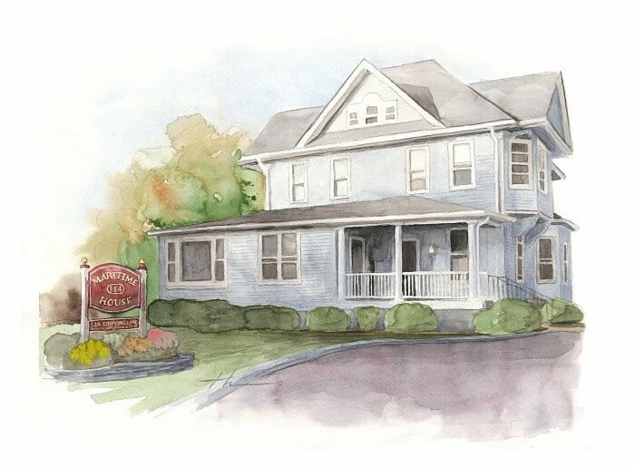 Watercolor house portrait from a photo of a Bed and Breakfast home by portrait artist Mike Theuer. 