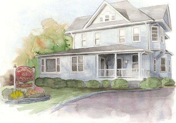 Watercolor house portrait from a photo of a Bed and Breakfast home by portrait artist Mike Theuer.