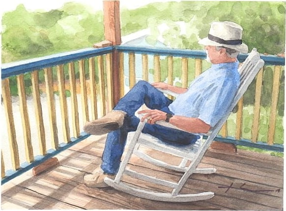 Watercolor house portrait from a photo of a back porch and a man in a rocker by portrait artist Mike Theuer.