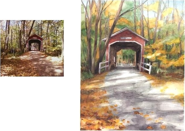 Watercolor bridge portrait from a photo of a covered bridge in the woods by portrait artist Mike Theuer. Photo reference included.