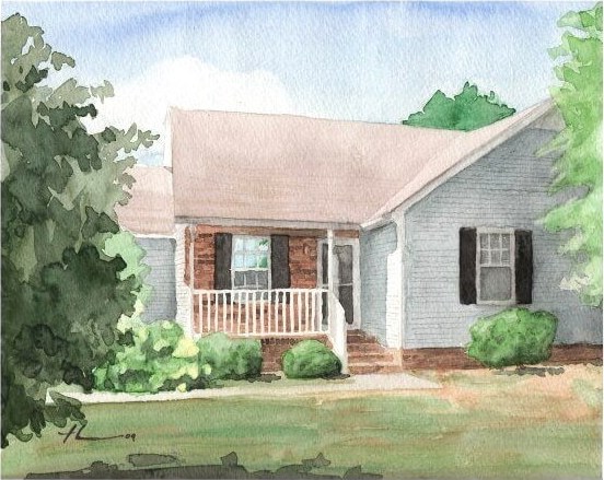 Watercolor house portrait from a photo of a first-time home by portrait artist Mike Theuer.