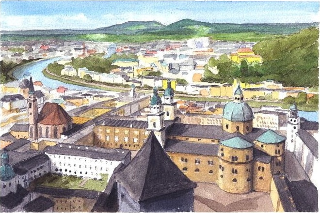 Watercolor city portrait from a photo of Salzburg by portrait artist Mike Theuer.